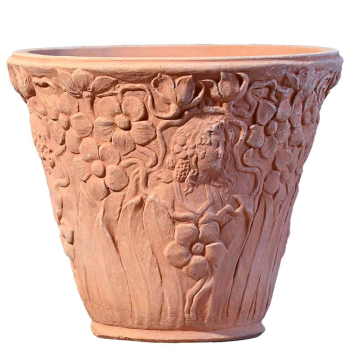 Preview: Jugendstil-Blumentopf aus Impruneta-Terracotta – kunstvoll verziert und handgefertigt