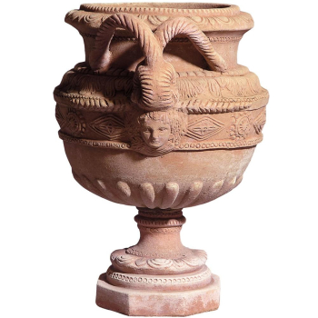 Preview: Reich verzierter Terracottapokal mit Schlangengriffen aus Impruneta – Klassisches Pflanzgefäß