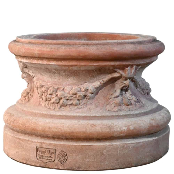 Preview: Basis aus Impruneta Terracotta mit Ranken und Masken – handgearbeitet und frostsicher