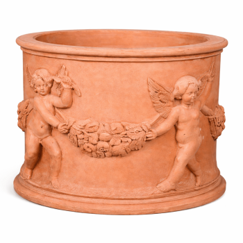 Großer massiver Terracotta-Zylinder aus Impruneta mit Putten