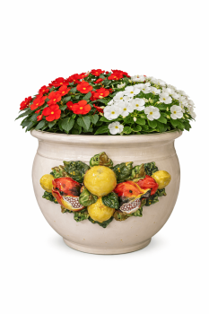 Handgearbeitete Keramik Vase aus der Toscana mit Granatapfel- und Zitronenapplikationen