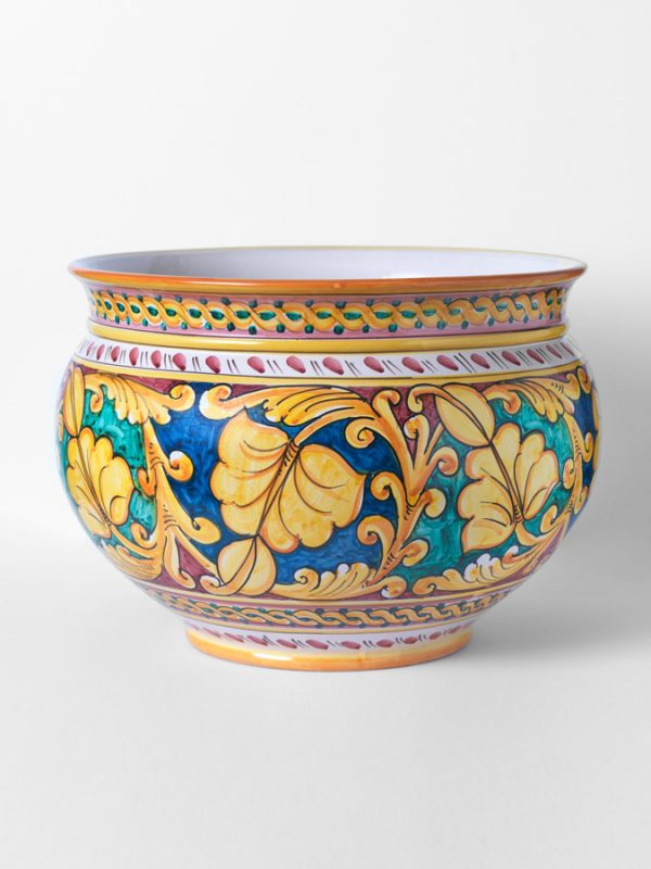 Bauchiger Blumenübertopf aus Sizilien – Blau mit gelben Ornamenten
