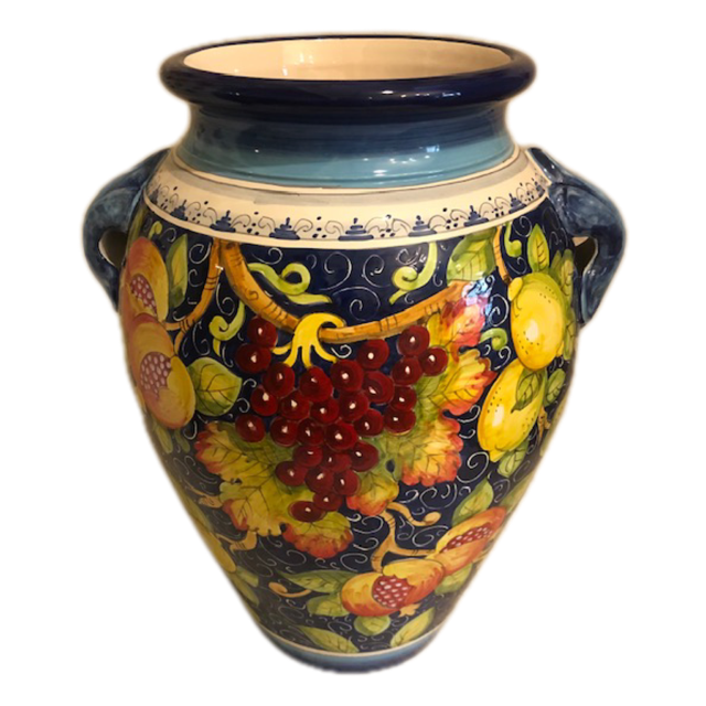 Handbemalte toskanische Keramikvase mit Früchtemotiv – Mediterranes Design in Blau, 50 cm hoch