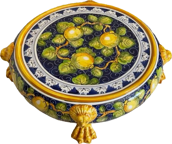 Mediterrane Tortenplatte aus handbemalter toskanischer Keramik mit Zitronen und Löwendetails