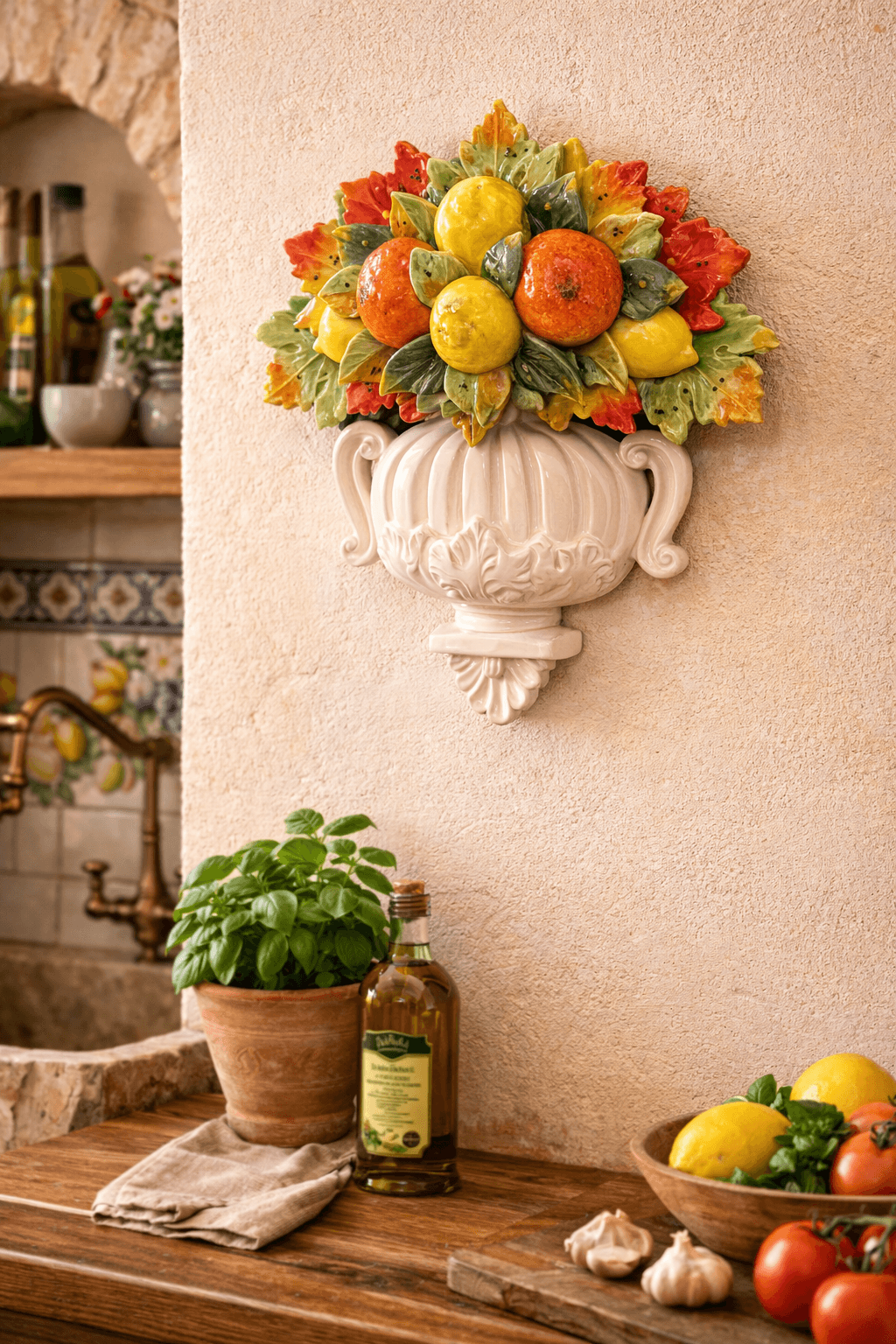 Mediterrane Keramik Wanddekoration mit Früchten und Blättern in klassischer Vase