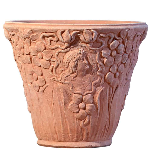 Jugendstil-Blumentopf aus Impruneta-Terracotta – kunstvoll verziert und handgefertigt