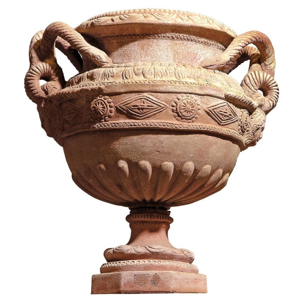 Reich verzierter Terracottapokal mit Schlangengriffen aus Impruneta – Klassisches Pflanzgefäß