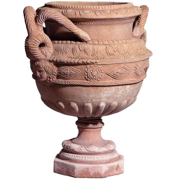 Reich verzierter Terracottapokal mit Schlangengriffen aus Impruneta – Klassisches Pflanzgefäß