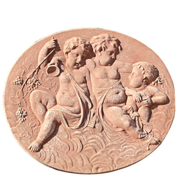 Impruneta Terracotta Relief – Drei Putten mit Weinreben und Kantharos