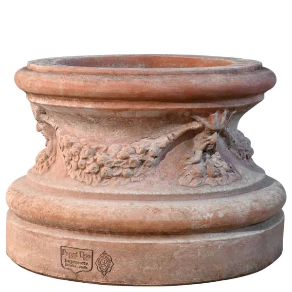 Basis aus Impruneta Terracotta mit Ranken und Masken – handgearbeitet und frostsicher
