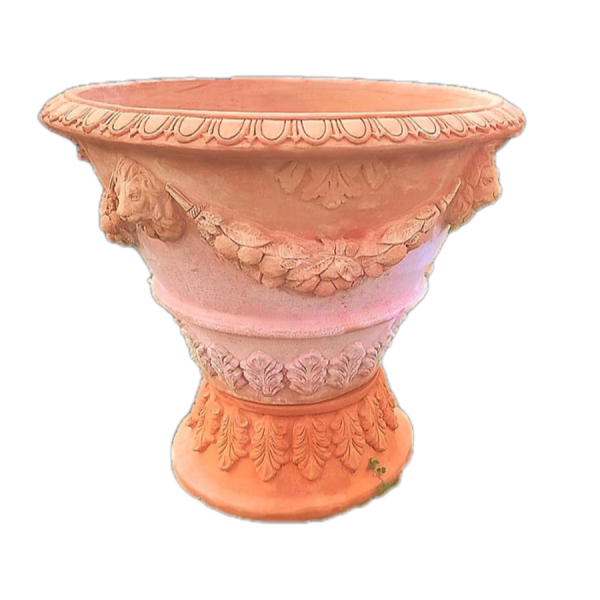 Großer verzierter Terracottatopf aus Impruneta – majestätisches Meisterwerk mit Löwenköpfen, Ranken und Akanthusblättern