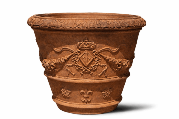 Reich verzierter Terracottatopf aus Impruneta mit Wappen und Insignien