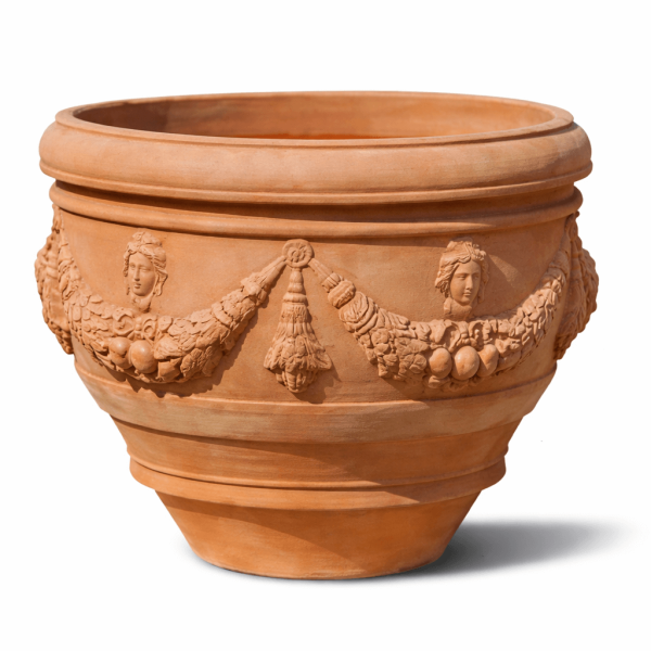 Reich verzierter, runder Impruneta Terracotta Topf mit floralen Ornamenten – handgefertigt und frostfest