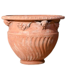 Reich verzierter, kleiner Impruneta Terracotta Topf mit Kannelierung und Puttenranke – handgefertigt und frostfest